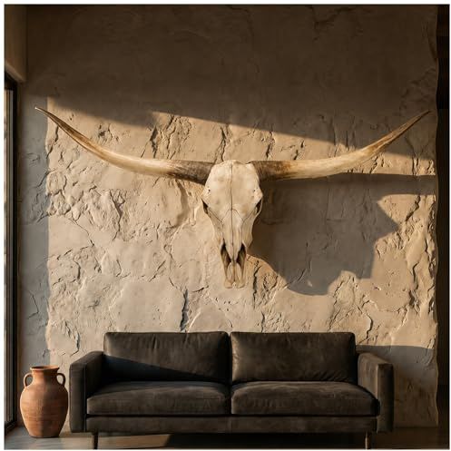 POPICK 178cm Longhorn Schädel Wanddekoration, Faux Wandbehang mit Stierkopf, Stierschädel Wanddekoration, Longhorn & Ochsenschädel Hörner für rustikalen Bauernhaus-Stil, Heim & Büro(Braun)
