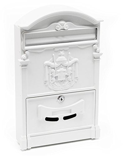 Wiltec Briefkasten Antik Design weiß 260 x 90 x 400 mm, Wandbriefkasten mit Schloss, Namensschild und Sichtschlitzen, Postkasten aus Stahl