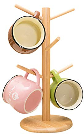 Bamboo Mug Holder Tree Mug Tree Stand Wood Mug Rack Bamboo Cup Holder Tree Coffee Cup Holder Storage Organizer Kitchen Storage Rack with Anti-Slip Weighted Base for Coffee Tea Mugs Cups