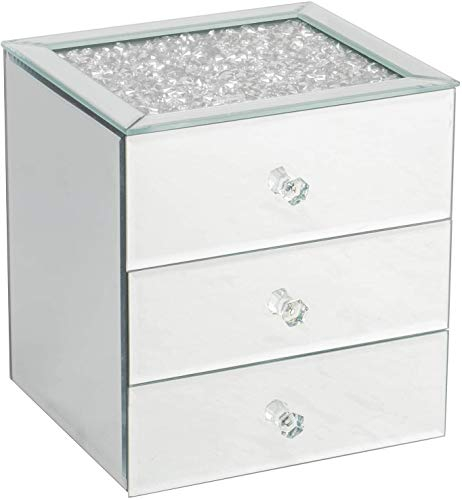 Biznest Silver Crushed Diamante Mirrored Glass Jewellery Box Eye Catching Design Storage Box 3 Drawers