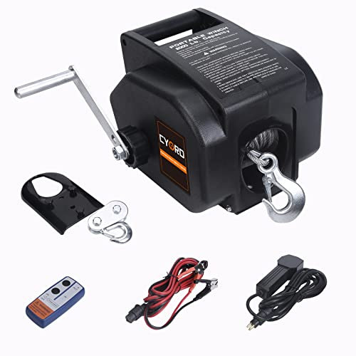 Cygrd Portable Trailer Winch, Reversible Electric Winch 12V DC, Power-in, Power-Out and Freewheel Operations for Boats 2000 lbs with Wireless Remote Control and Hand Crank