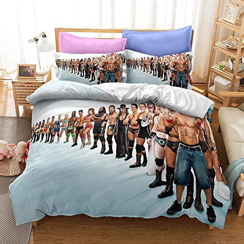 NICHIYOBI World Wrestling Entertainment WWE Bettbezug Bettwäsche Set - Bettbezug und Kissenbezug,Mikrofaser,3D Digital Print dreiteiliger Bettwäsche (9,Single 135x200cm+80 * 80cm)