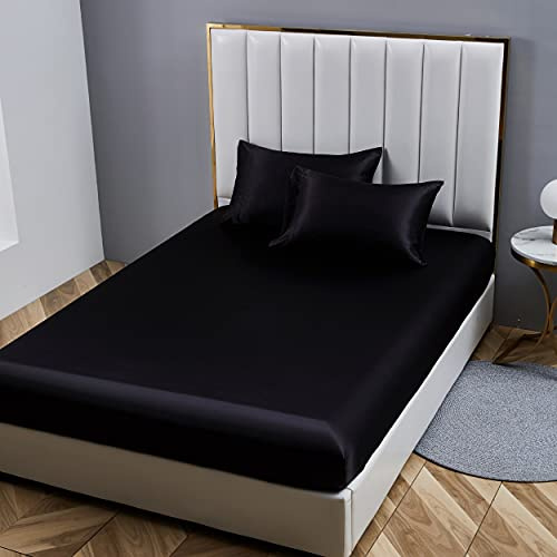 Damier Spannbettlaken 100x200cm Schwarz Satin Seide Glänzend Bettlaken Hochwertiges Deluxe Unifarben Spannbetttuch, geeignet für Matratzen bis 30cm