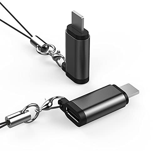 EMATECABLE 2PCS Male i-OS Adapter to Female USB C Converter with Anti-lost Keychain. USB Type-C Female to i-OS Phone Male Aluminum Connector Support Charger and Data Transmission. (Black)