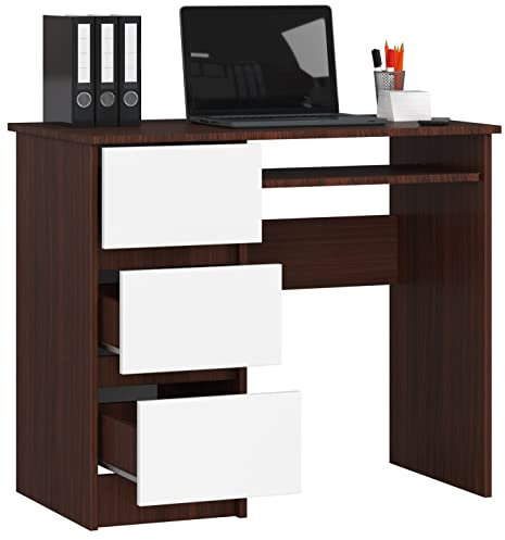 Bureau d'Ordinateur Avec 3 Tiroirs et Tiroir Coulissant Pour Clavier - Pour Ordinateur de Bureau ou Portable, École et Jeunes - 90x77x50