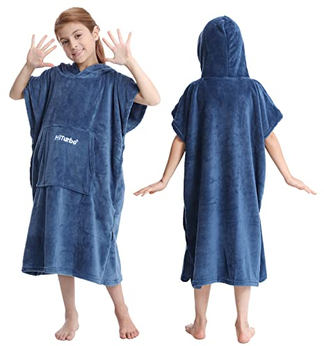 Hiturbo Kinder Wickelmantel, Handtuch Poncho Bademantel Robe mit Kapuze, für Strand, Schwimmen, Surfen, Zu Hause, Navy