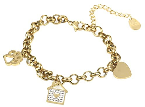 Flowers Bracciale Amore interamente in acciaio con brillanti zirconcini. Ciondoli Casa, Cuore e Zampa. Colorazioni Oro e Argento (Dorato)