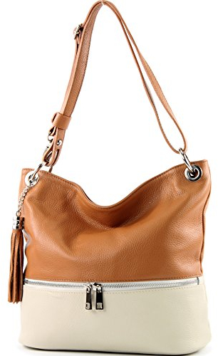 modamoda de - T143 - ital. Leder Schultertasche Umhängetasche, Farbe:Camel/Creme