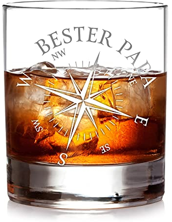 AMAVEL Whiskyglas mit Gravur Kompass, Tumbler Glas Bester Papa, Vatertagsgeschenk, Graviertes Whisky Zubehör, Whiskey Geschenke für Männer, Geburtstagsgeschenk für Väter, Whiskeyglas 320 ml