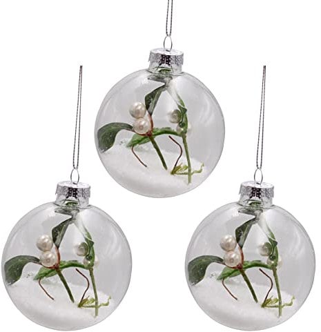 Set of 3 Luxury 80mm Glass Christmas Tree Baubles - Mistletoe with Snow 5288