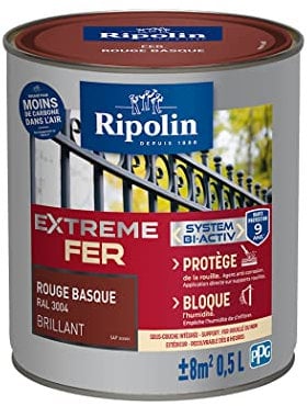 RIPOLIN - Peinture pour Fer Extérieur - Glycéro Antirouille - Sous-couche intégrée - Application directe sur Rouille - Résistante aux Intempéries, UV et Chocs - Brillant - 0,5L - Rouge Basque RAL 3004