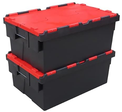 Pack of 2 - Plastic 45 Litre Heavy Duty Storage Box Tote Crates (60 x 40 x 25.5cm) Plastor Black Body with Red Attached Hinged Lids