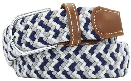 Huyfhksd Multicolored Elastic Woven Golf Belts Casual Braided Stretch Belt for Men and Women, M, Navy White Grey