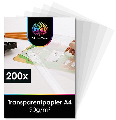 OfficeTree 200 Blatt Transparentpapier A4 Bedruckbar - Pergamentpapier A4 - Transparentes Druckerpapier auch als Pauspapier, Architektenpapier, Bastelpapier oder Laternenzuschnitte (200 x Transparent)