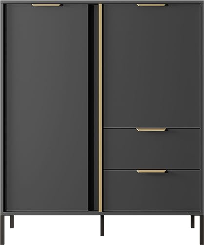 WFL GROUP Elegant Anthrazit Kommode - Modern Sideboard 100, 150, 200 cm - Skandinavisch Schrank mit goldenen Griffen - NOX Set - mit Hohe Schwarze Metallfüße - 103 x 40 cm - Kommode 2D2S
