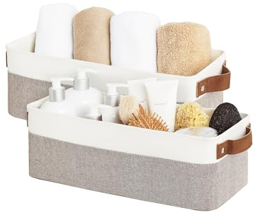 StorageWorks schmale Aufbewahrungsbox Stoff, Badezimmer Organizer mit Griffen, Aufbewahrungsbox Bad mit Eisenrahmen, faltbare Aufbewahrungskiste, Aufbewahrungskorb klein, braun-weiß, 2 Stück