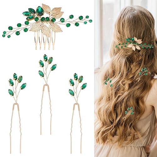 PLIGREAT 4 Stück Grüner Strass Haarkämme Braut Hochzeit Haarnadeln Blatt Kristall U-förmige Haarspange für Braut Brautjungfer Hochzeit Damen Dünnes Haar Haarschmuck
