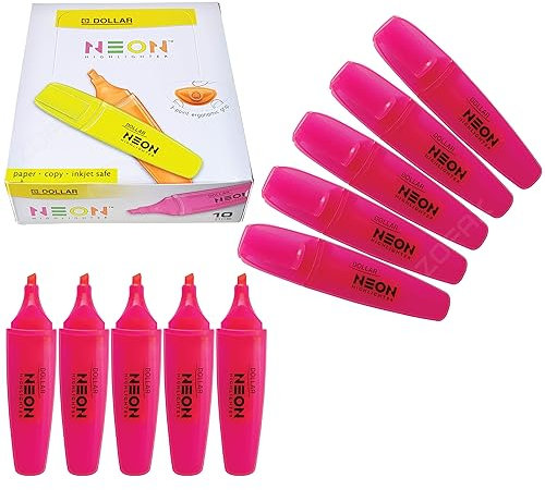 DOLLAR HL625 Evidenziatori fluorescenti fluorescenti, rosa, confezione da 10, punta a scalpello (5,0 mm), impugnatura a 3 punti, confezione multipla, ad asciugatura rapida, per scuola, ufficio, casa