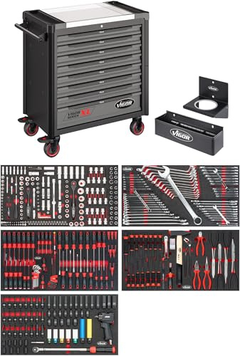 VIGOR Werkstattwagen Series XL, Edelstahl-Arbeitsplatte, mit Sortiment | Länge 949 mm, Breite 523 mm, Höhe 1017 mm, 140000 g, 466-teilig , 8 Schubladen gesamt, Aufbewahrung von Werkzeug