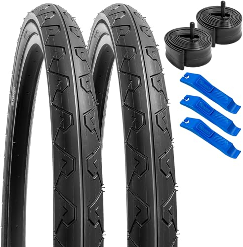 YunSCM 2er-Pack 26 Zoll Reifen 26x2.125 Mantel 57-559 Plus 2er-Pack 26 Zoll Schlauch AV32mm Ventil kompatibel Rennrad 54-559 26x2.10 26x2.125 26x2.25 Fahrradreifen und Schlauch