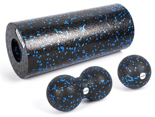 Lot de 3 rouleaux de fascias (33 cm x Ø 14 cm) + duobball (16 cm x Ø8 cm) + balle de massage (Ø8 cm) Set pour auto-massage du dos et des jambes Balles de fascia Rouleau de massage Fitness Training