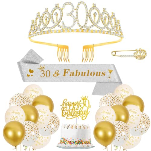 30. Geburtstag Krone Schärpe Luftballons Beige Gold 30. Geburtstag Schärpe und Tiara 30 Jahre Dekorationen Cupcake Topper Ballons Birthday Schärpe Haarschmuck für Mädchen 30. Geburtstag Party