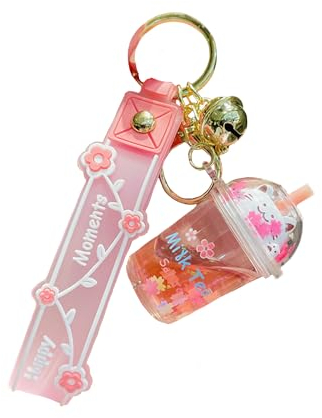ZDHC Cute Cat Cup Liquid Keychain Creative Beautiful Flower Milk Tea Kitty Bubble Keyring Car Keys Bag Pendant for Woman Girls