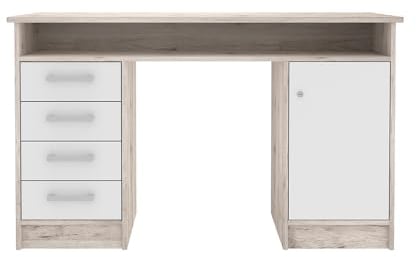Forte NET 106 Schreibtisch 120 130, moderner Schreibtisch mit 4 Schubladen und 1 Tür, Computertisch, Home Office, Büro, Holzwerkstoff, Sandeiche Dekor/Weiß, 126 cm breit x 75,8 cm hoch x 55 cm tief