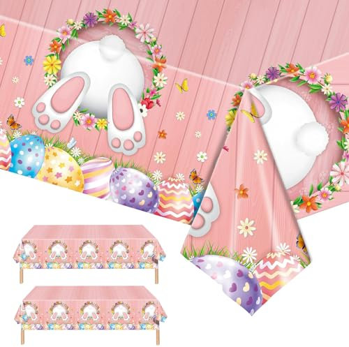 POPOYU 2 Stück Tischdecke Ostern 137 x 274cm,Osterhase Ostereier Rechteck Tischdecken,Wasserdicht Ostertischdecken,Frühling Ostertischdecke für Kinder Ostern Party Frühling Dekoration