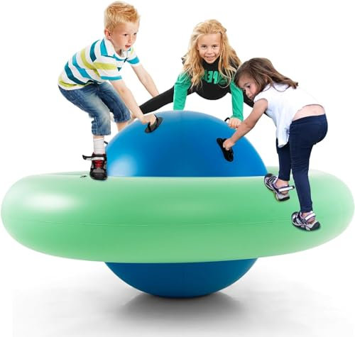 8FT Inflatable Dome Rocker Bouncer, Outdoor Kids Giant Roll and Play Seesaw Rocker with 6 Secure Handles, Toddlers Climbing Toy Play Center Equipment (Blue + Green)
