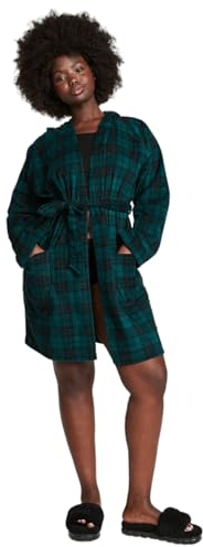 Victoria's Secret Kurzer Bademantel aus Polarfleece, Pink, Größe M, L, Regular, Regular, Schwarz mit Efeu-Plaid-Muster, Grün