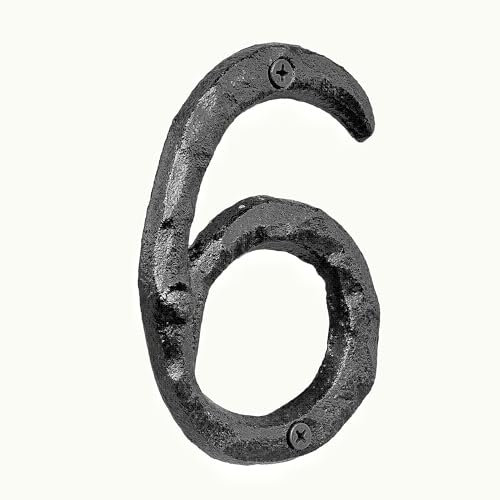 HOPEME Black 3D Cast Iron House Numbers, 5 Inch Address Number with Wrought Iron Nails Decoration for Outside, Solid Rustic Metal Number Sign, Black #6