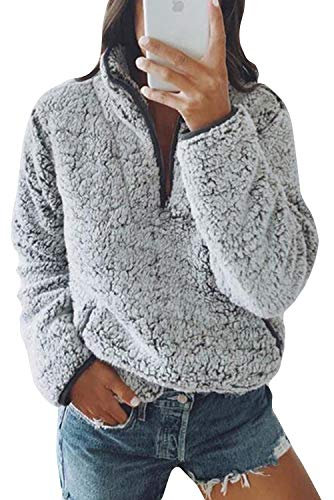Pullover Damen Fleecepullover Teddyjacke Teddy Flauschiger Teddyfleece Jacke Kuschelpullover Winterjacke Fleecejacke Plüschjacke Kuscheljacke Kapuzenpullover Winter Mit Taschen Top (Z Grau, S)