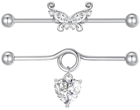 Besyvvin 2stk Industrial Bars 38mm Chirurgenstahl 14G Schmetterling Herz 14G Scaffold Barbells Piercing Schmuck Silber