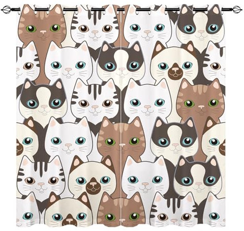 YUANZU Katze Vorhänge Kinder Jungen Mädchen Witzig Tiere Ösen Gardinen mit Blickdichte Vorhang Kälteschutz Blackout Curtain Kinderzimmer Schlafzimmer Verdunkelung Fenster, 2 Stück, H 114 x B 132 cm