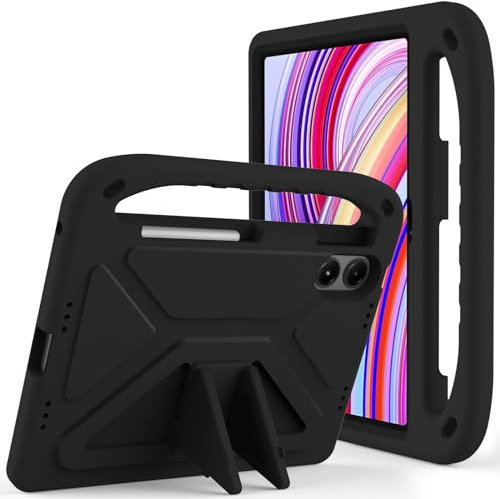 Schutzhülle für Kinder, kompatibel mit Xiaomi Redmi Pad Pro 12,1 Zoll (30,7 cm) von 2024, leicht, stoßfest, mit Ständer, kinderfreundlich, niedlich, mit Schultergurt, Schwarz