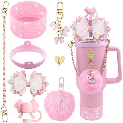SEMATA Bling Stanley Cup Accessories for 40oz & 30oz Tumbler Including Silicone Cute Bow Straw Topper Cover, Silicone Stanley Cup Boot,Leather Water Bottle Handle Strap, Charms(Pink)