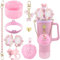 SEMATA Bling Stanley Cup Accessories for 40oz & 30oz Tumbler Including Silicone Cute Bow Straw Topper Cover, Silicone Stanley Cup Boot,Leather Water Bottle Handle Strap, Charms(Pink)