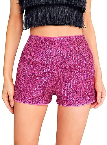 Shorts Damen Pailletten Hose Sexy Hohe Taille Gerades Bein Metallic Hotpants Glitzer Festivals Outfits Glänzend Kurz
