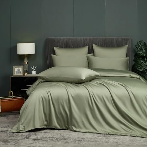 Luofanfei Housse de Couette Bambou 220x240 Vert Sauge Adulte 2 Personnes Lyocell Parure Linge de lit Uni Soie Lisse Soyeux Ensemble Literie avec Fermeture éclair et 2X 65x65cm Taies d'oreiller