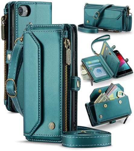 UFinetech Custodia Portafoglio per iPhone 6/7/8, per iPhone SE (2a/3a Generazione) - Blocco RFID, Ricarica Wireless, Antiurto, Tracolla Regolabile, Slot Carte, Pelle PU, Supporto Integrato, Blu Verde