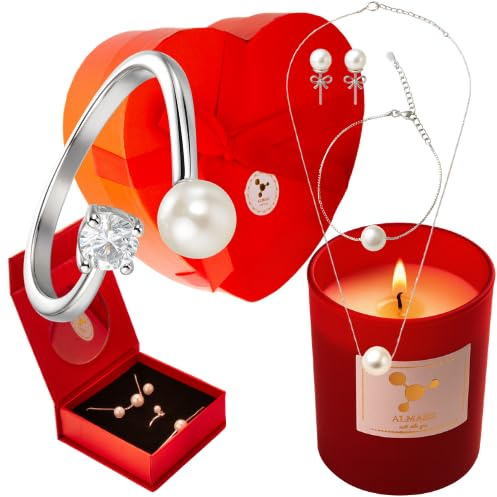 cadeau saint valentin femme - coffret cadeau pour ma femme : Boîte avec miroir + Bougie cire végétale Artisanale 100% Naturelle parfum francais + Un Ensamble de 4 Bijoux ajustables plaqués Argent 925