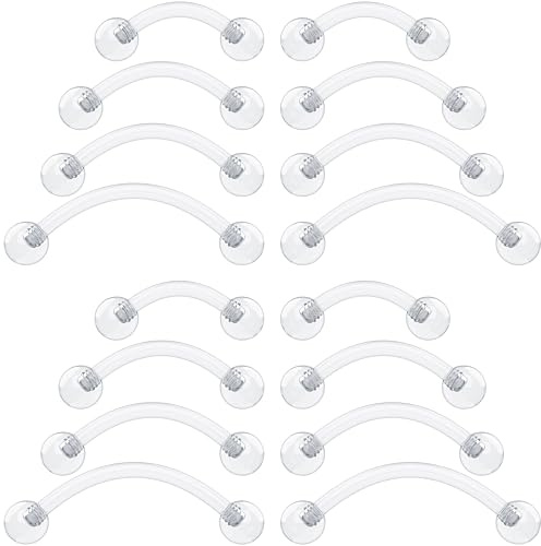 16 g genomskinliga piercinghållare för kirurgi – Bioflex plast klar ögonbrynspiercing böjd – osynliga broskörhängen för rock helix daith tragus snäcka vertikal labret orm bit 8,10,12 mm (16 st set)