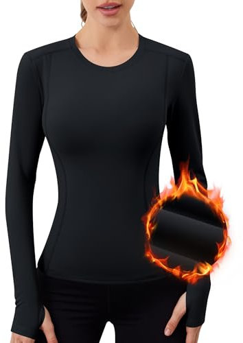 IECCP Thermoshirt Damen Langarm Winter Thermal Oberteil Fleece Thermo Langarm Shirt Funktionsshirt Unterhemd mit Daumenlöcher für Haus Sport Skifahren Schwarz XL