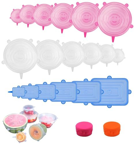 Coperchi in Silicone 18 Pezzi Coperchi in Silicone Estensibile, Senza BPA Coperchio Silicone Estensibile, Riutilizzabile Tappi Silicone Barattoli in 6 Misure Diverse per Barattoli, Ciotole, Bottiglie