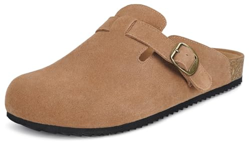 Intini Pantoufles Homme Sabots Fermé avec Semelle Chaussons Confortable Mules Cuir Sandales d'Intérieur Marron Clair 47