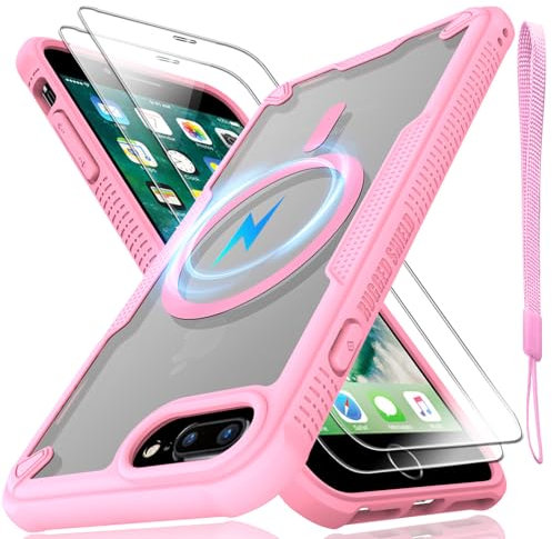 for iPhone 7/8 Plus Case, Translucent Matte Back Compatible with Magsafe Magnetic Slim Shockproof Protective Case with Lanyard Strap and 2*9H Tempered Glass Screen Protector Phone Cover 5.5-inch-Pink