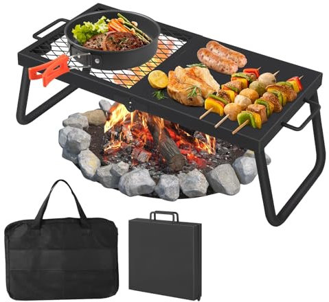 Folding Campfire Grill-Grate with Legs & Carrying Bag, 57 x 28cm Heavy-Duty Steel Mesh Grate, Portable Camping Grates, Grilling Rack for Outdoor Open Flame Cooking