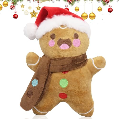 Lebkuchenmann Plüschtier Weihnachten Lebkuchen Kuscheltier mit Roter Mütze & Braunem Schal, 26 cm, Weicher Stoff, Geschenke Weihnachtsdeko für Familie Freunde, für Partys, Wohnzimmer, Schlafzimmer