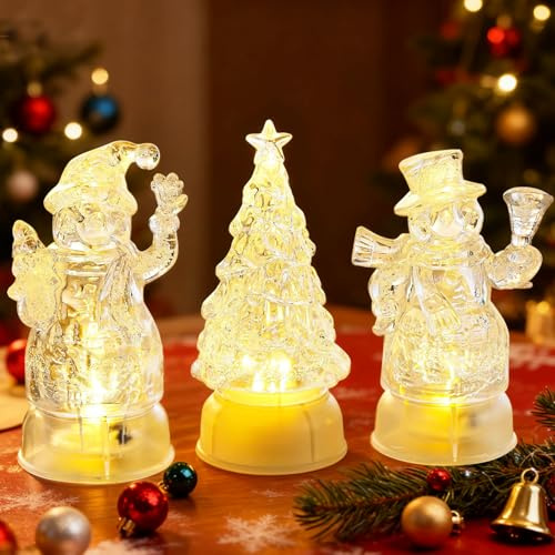 Weihnachtsdeko Schneemann mit LED Licht, 3 Stück LED Teelichter Weihnachtsbaum, Weihnachten Deko Leuchtende Schneemann Figuren Transparent, Weihnachten Tischdeko Mini Weihnachtsbaum Nachtlicht